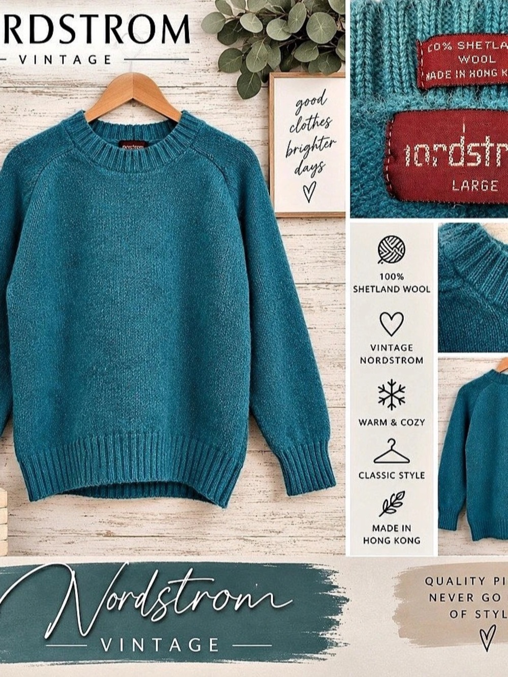 Men’s Vintage Nordstrom 100% Shetland Wool Crewneck Sweater – Size Large – Teal